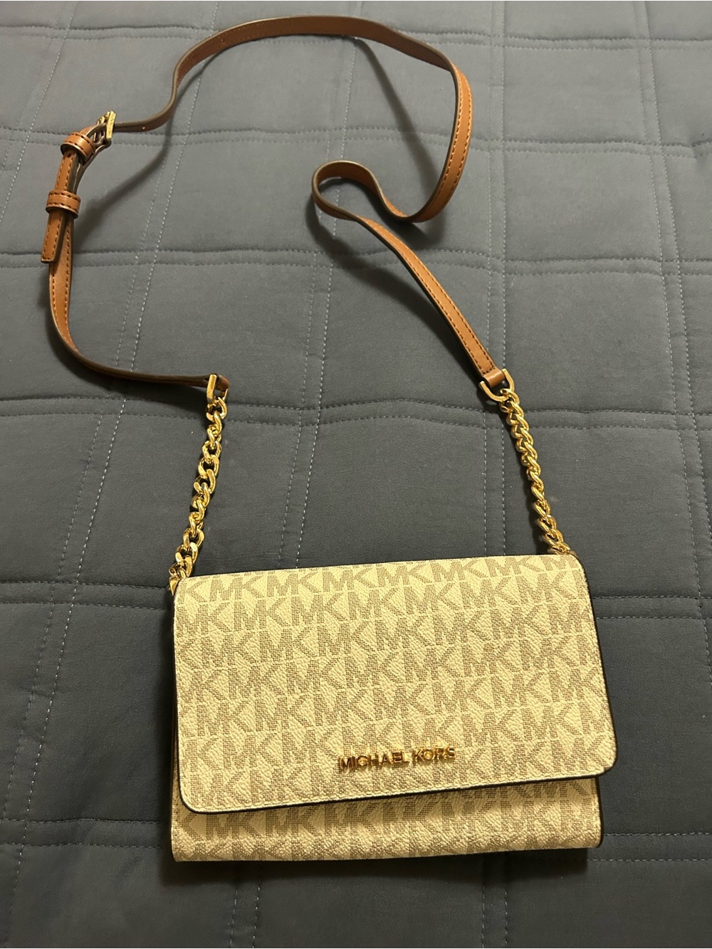 Michael Kors Beige Signature MK Logo Crossbody with Gold Chain